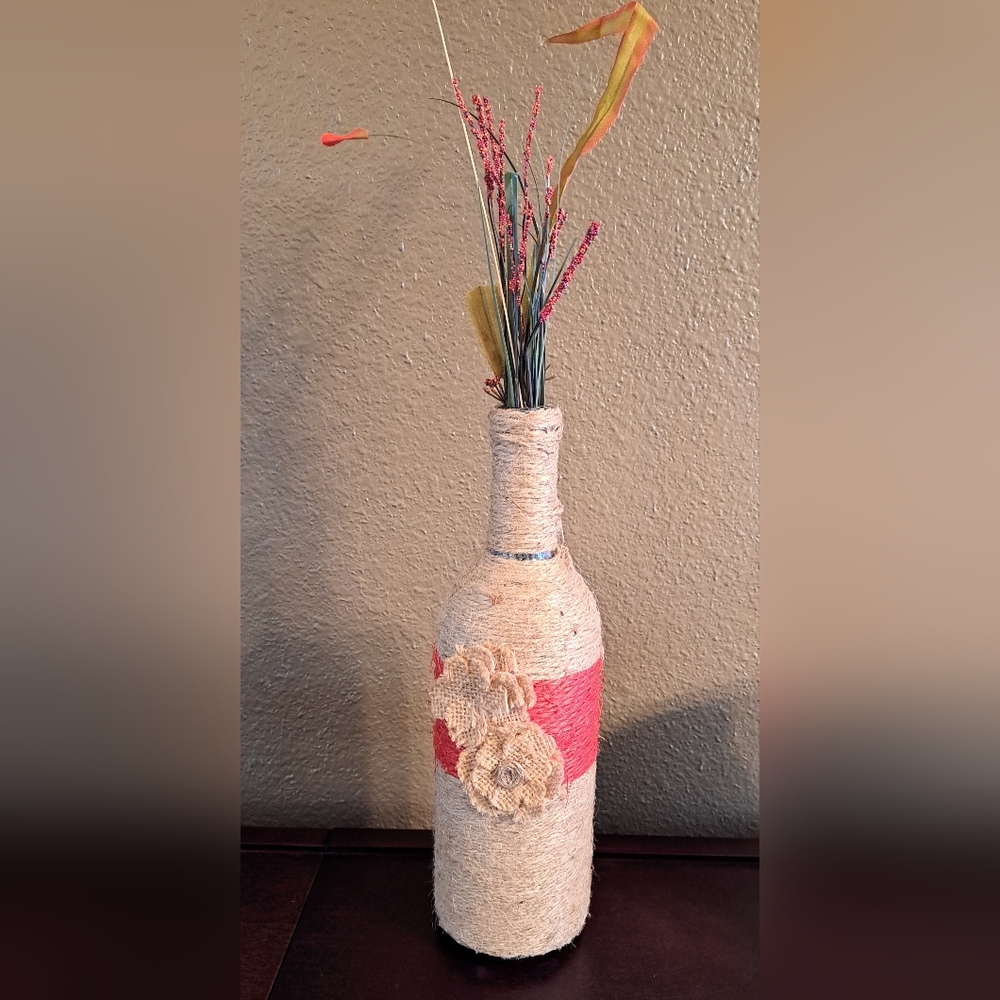 Burlap wine bottle decor